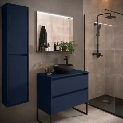 Ensemble NOJA 80cm meuble 2 tiroirs Bleu satin� + plan (vasque & miroir en option) - Salgar R�f. 105474
