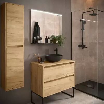 Ensemble NOJA 80cm meuble 2 tiroirs Ch�ne Africain + plan (vasque & miroir en option) - Salgar R�f. 105478