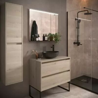 Ensemble NOJA 80cm meuble 2 tiroirs Ch�ne naturel + plan (vasque & miroir en option) - Salgar R�f. 105477