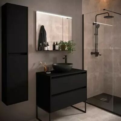 Ensemble NOJA 80cm meuble 2 tiroirs Noir satin� + plan (vasque & miroir en option) - Salgar R�f. 105473