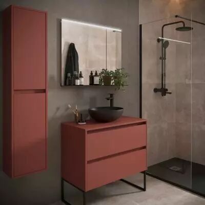 Ensemble NOJA 80cm meuble 2 tiroirs Rouge satin� + plan (vasque & miroir en option) - Salgar R�f. 105476