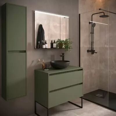 Ensemble NOJA 80cm meuble 2 tiroirs Vert satin� + plan (vasque & miroir en option) - Salgar R�f. 105475