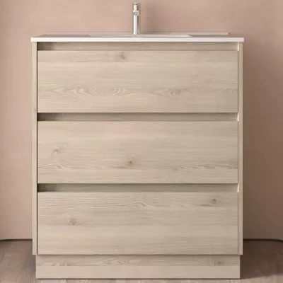 Ensemble NOJA 80cm meuble 3 tiroirs Ch�ne naturel + vasque (miroir en option) - SALGAR R�f. 106220