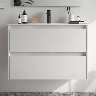 Ensemble NOJA 81cm meuble 2 tiroirs Blanc brillant + vasque (miroir en option) - SALGAR R�f. 106070