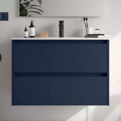 Ensemble NOJA 81cm meuble 2 tiroirs Bleu satin� + vasque (miroir en option) - SALGAR R�f. 106073