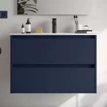 Ensemble NOJA 81cm meuble 2 tiroirs Bleu satin&eacute; + vasque (miroir en option) - SALGAR R&eacute;f. 106073
