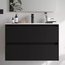 Ensemble NOJA 81cm meuble 2 tiroirs Noir satin&eacute; + vasque (miroir en option) - SALGAR R&eacute;f. 106072