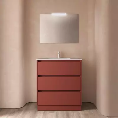 Ensemble NOJA 81cm meuble 3 tiroirs Rouge satin� + vasque (plinthe & miroir en option) - Salgar R�f. 106255