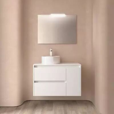 Ensemble NOJA 85cm meuble 2 tiroirs / 1 porte � droite Blanc satin� + plan (vasque & miroir en option) - Salgar R�f. 105481
