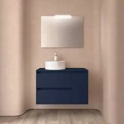 Ensemble NOJA 85cm meuble 2 tiroirs / 1 porte � droite Bleu satin� + plan (vasque & miroir en option) - Salgar R�f. 105483