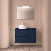 Ensemble NOJA 85cm meuble 2 tiroirs / 1 porte à droite Bleu satiné + plan (vasque & miroir en option) - Salgar Réf. 105483