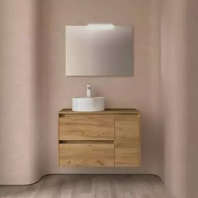 Ensemble NOJA 85cm meuble 2 tiroirs / 1 porte � droite Ch�ne Africain + plan (vasque & miroir en option) - Salgar R�f. 105487