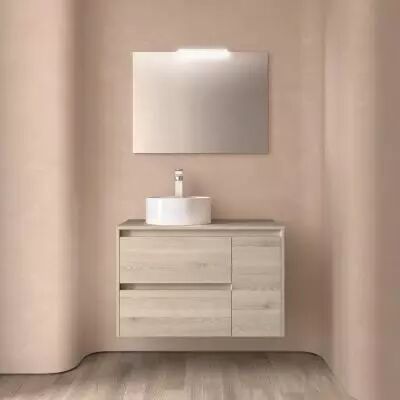 Ensemble NOJA 85cm meuble 2 tiroirs / 1 porte � droite Ch�ne naturel + plan (vasque & miroir en option) - Salgar R�f. 105486
