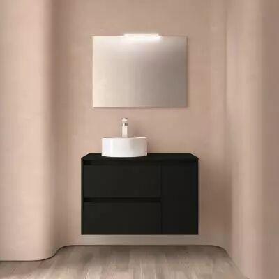 Ensemble NOJA 85cm meuble 2 tiroirs / 1 porte � droite Noir satin� + plan (vasque & miroir en option) - Salgar R�f. 105482