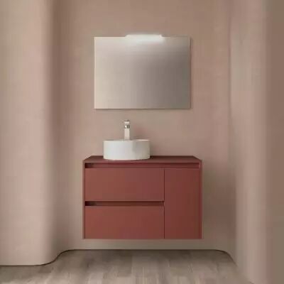 Ensemble NOJA 85cm meuble 2 tiroirs / 1 porte � droite Rouge satin� + plan (vasque & miroir en option) - Salgar R�f. 105485