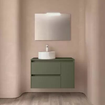 Ensemble NOJA 85cm meuble 2 tiroirs / 1 porte � droite Vert satin� + plan (vasque & miroir en option) - Salgar R�f. 105484