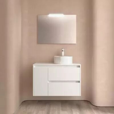 Ensemble NOJA 85cm meuble 2 tiroirs / 1 porte � gauche Blanc satin� + plan (vasque & miroir en option) - Salgar R�f. 105490