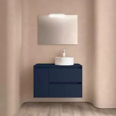 Ensemble NOJA 85cm meuble 2 tiroirs / 1 porte � gauche Bleu satin� + plan (vasque & miroir en option) - Salgar R�f. 105492
