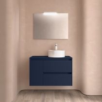 Ensemble NOJA 85cm meuble 2 tiroirs / 1 porte à gauche Bleu satiné + plan (vasque & miroir en option) - Salgar Réf. 105492