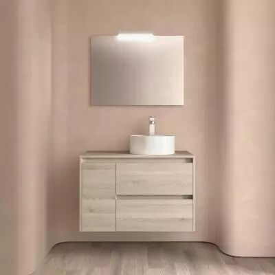 Ensemble NOJA 85cm meuble 2 tiroirs / 1 porte � gauche Ch�ne naturel + plan (vasque & miroir en option) - Salgar R�f. 105495