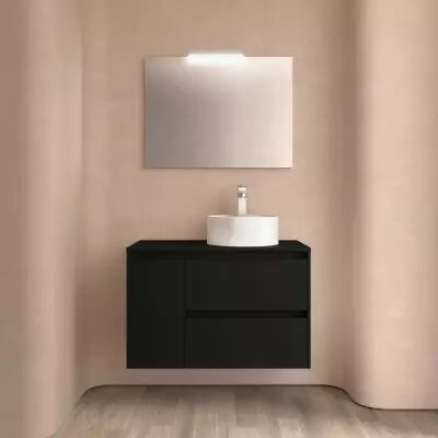 Ensemble NOJA 85cm meuble 2 tiroirs / 1 porte � gauche Noir satin� + plan (vasque & miroir en option) - Salgar R�f. 105491