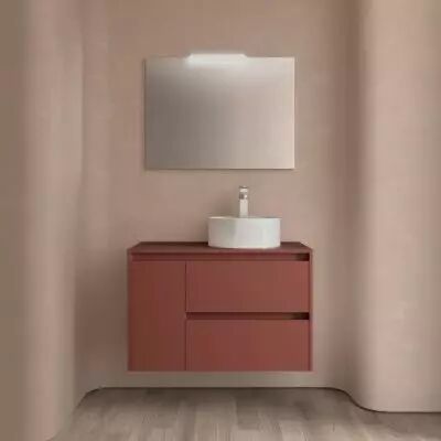 Ensemble NOJA 85cm meuble 2 tiroirs / 1 porte � gauche Rouge satin� + plan (vasque & miroir en option) - Salgar R�f. 105494