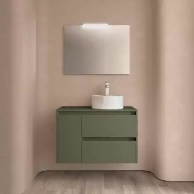 Ensemble NOJA 85cm meuble 2 tiroirs / 1 porte � gauche Vert satin� + plan (vasque & miroir en option) - Salgar R�f. 105493