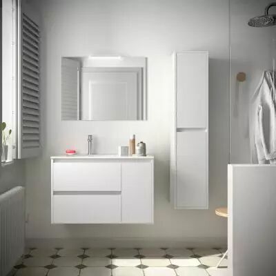 Ensemble NOJA 86cm meuble 2 tiroirs / 1 porte � droite Blanc satin� + vasque (miroir en option) - Salgar R�f. 106134