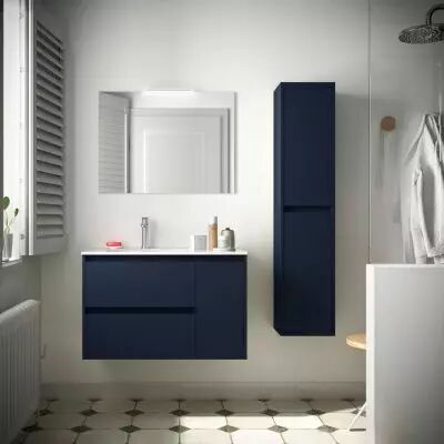 Ensemble NOJA 86cm meuble 2 tiroirs / 1 porte � droite Bleu satin� + vasque (miroir en option) - Salgar R�f. 106136
