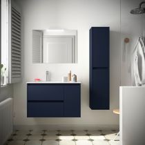 Ensemble NOJA 86cm meuble 2 tiroirs / 1 porte à droite Bleu satiné + vasque (miroir en option) - Salgar Réf. 106136