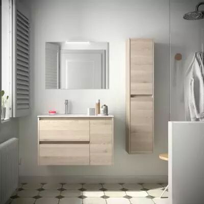 Ensemble NOJA 86cm meuble 2 tiroirs / 1 porte � droite Ch�ne naturel + vasque (miroir en option) - Salgar R�f. 106139
