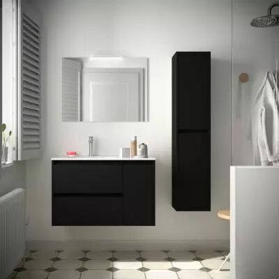 Ensemble NOJA 86cm meuble 2 tiroirs / 1 porte � droite Noir satin� + vasque (miroir en option) - Salgar R�f. 106135