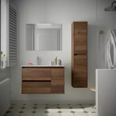 Ensemble NOJA 86cm meuble 2 tiroirs / 1 porte � droite Noyer Maya + vasque (miroir en option) - Salgar R�f. 106141