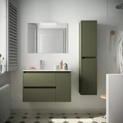 Ensemble NOJA 86cm meuble 2 tiroirs / 1 porte � droite Vert satin� + vasque (miroir en option) - Salgar R�f. 106137