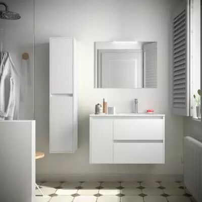 Ensemble NOJA 86cm meuble 2 tiroirs / 1 porte � gauche Blanc brillant + vasque (miroir en option) - Salgar R�f. 106142