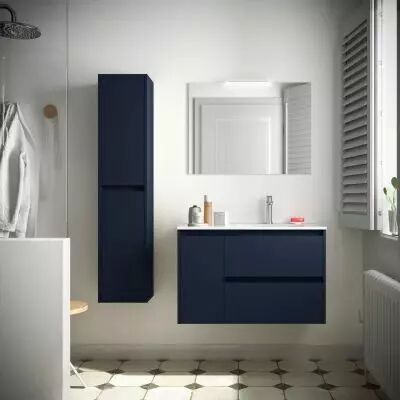 Ensemble NOJA 86cm meuble 2 tiroirs / 1 porte � gauche Bleu satin� + vasque (miroir en option) - Salgar R�f. 106145