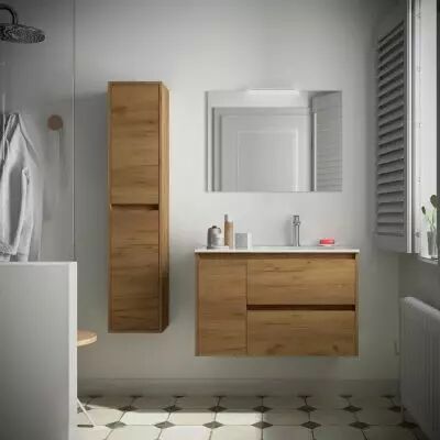 Ensemble NOJA 86cm meuble 2 tiroirs / 1 porte � gauche Ch�ne Africain + vasque (miroir en option) - Salgar R�f. 106149