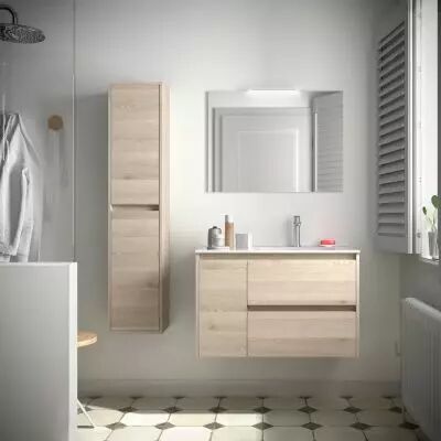 Ensemble NOJA 86cm meuble 2 tiroirs / 1 porte � gauche Ch�ne naturel + vasque (miroir en option) - Salgar R�f. 106148