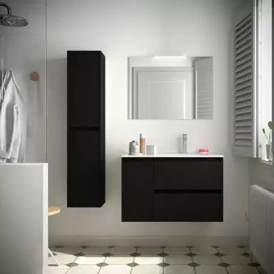 Ensemble NOJA 86cm meuble 2 tiroirs / 1 porte � gauche Noir satin� + vasque (miroir en option) - Salgar R�f. 106144