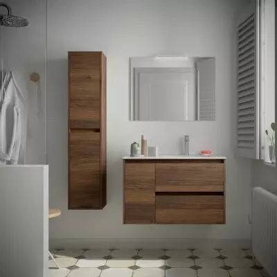 Ensemble NOJA 86cm meuble 2 tiroirs / 1 porte � gauche Noyer Maya + vasque (miroir en option) - Salgar R�f. 106150