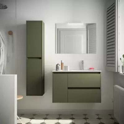 Ensemble NOJA 86cm meuble 2 tiroirs / 1 porte � gauche Vert satin� + vasque (miroir en option) - Salgar R�f. 106146