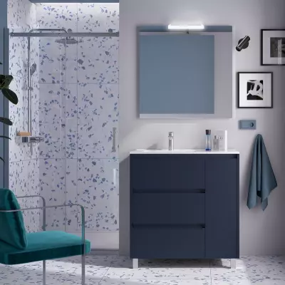 Ensemble NOJA 86cm meuble 3 tiroirs / 1 porte � droite Bleu satin� + vasque (miroir en option) - Salgar R�f. 106262