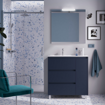 Ensemble NOJA 86cm meuble 3 tiroirs / 1 porte à droite Bleu satiné + vasque (miroir en option) - Salgar Réf. 106262