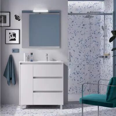 Ensemble NOJA 86cm meuble 3 tiroirs / 1 porte � gauche Blanc brillant + vasque (miroir en option) - Salgar R�f. 106268
