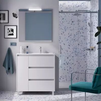 Ensemble NOJA 86cm meuble 3 tiroirs / 1 porte � gauche Blanc satin� + vasque (miroir en option) - Salgar R�f. 106269