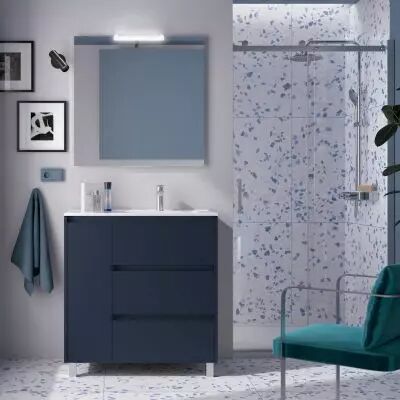 Ensemble NOJA 86cm meuble 3 tiroirs / 1 porte � gauche Bleu satin� + vasque (miroir en option) - Salgar R�f. 106271