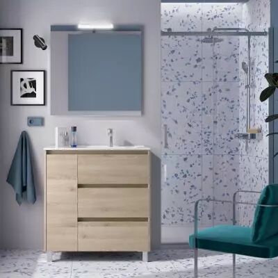 Ensemble NOJA 86cm meuble 3 tiroirs / 1 porte � gauche Ch�ne naturel + vasque (miroir en option) - Salgar R�f. 106274