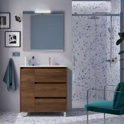 Ensemble NOJA 86cm meuble 3 tiroirs / 1 porte � gauche Noyer Maya + vasque (miroir en option) - Salgar R�f. 106276