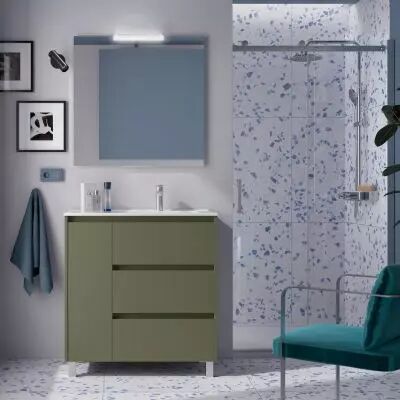 Ensemble NOJA 86cm meuble 3 tiroirs / 1 porte � gauche Vert satin� + vasque (miroir en option) - Salgar R�f. 106272