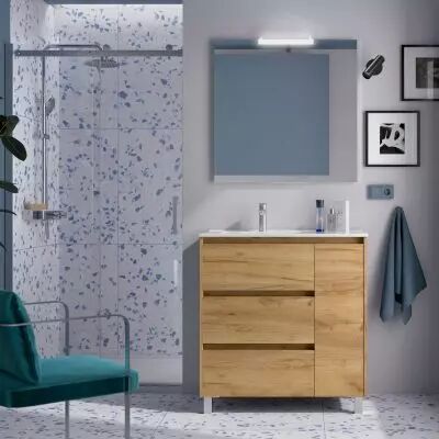 Ensemble NOJA 86cm meuble 3 tiroirs / 1 porte Ch�ne Africain + vasque (miroir en option) - Salgar R�f. 106266